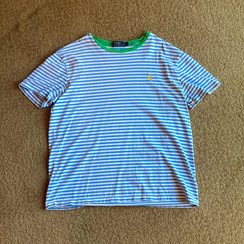 A light blue and white horizontal stripped Polo by Ralph Luaren